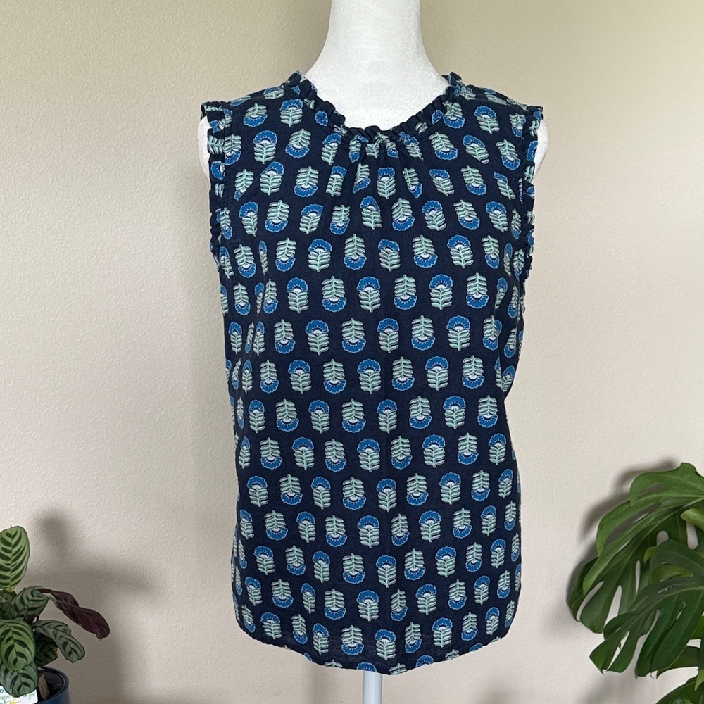 J. Crew Navy Blue Printed Sleeveless Linen top, Size Large